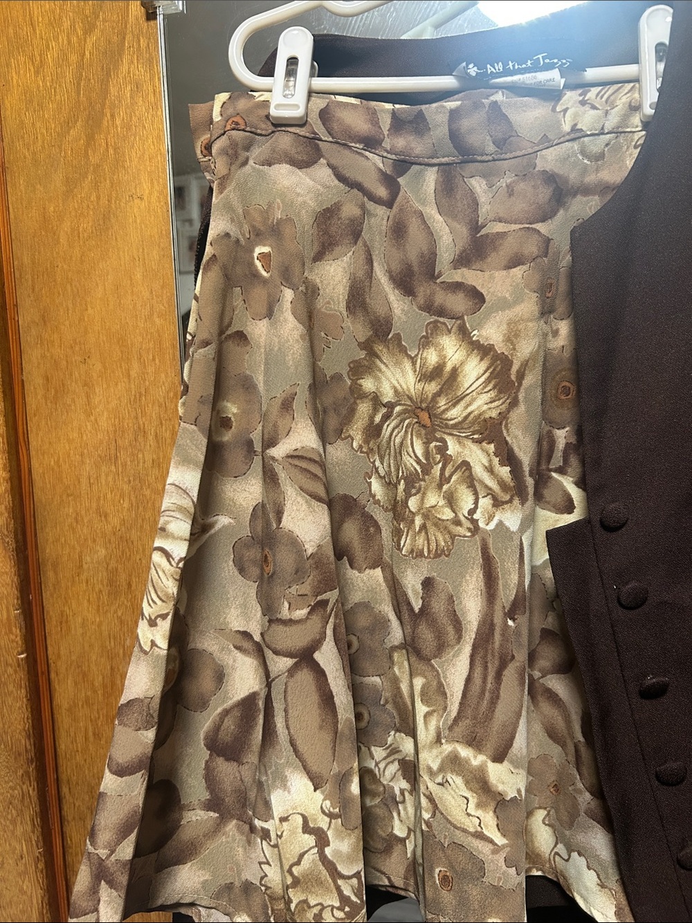 All That Jazz Brown Sleeveless Button-Front Vest With Patterned Satin Skirt View 2